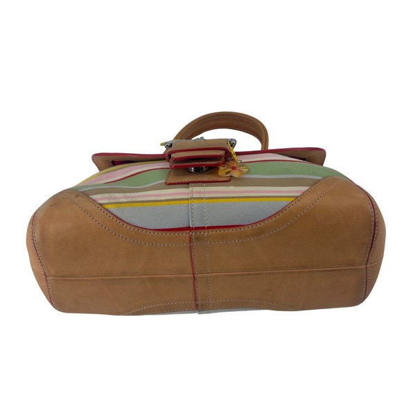 Coach Striped Canvas Leather Trim Shoulder Bag Flower Charm - Picture 5 of 10